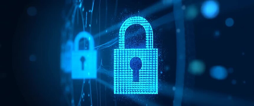 Digital padlocks rotate slowly on a dark blue background as the camera steadily tracks, with ambient lights flickering gently, creating a cinematic cybersecurity technology scene.