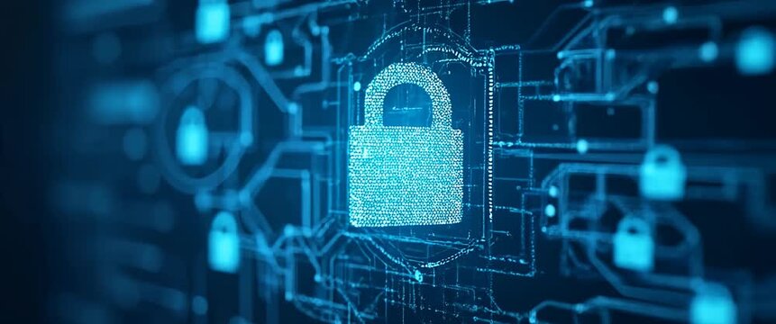 Digital padlock icon glows on a futuristic circuit board, gently pulsing with ambient light as the camera performs a slow pan, creating a cinematic, secure technology atmosphere.