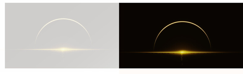 Glowing golden semicircle ring PNG. Elegant light effect for luxurious designs. Golden movement. Abstract golden line on a transparent and black background © Alehandro