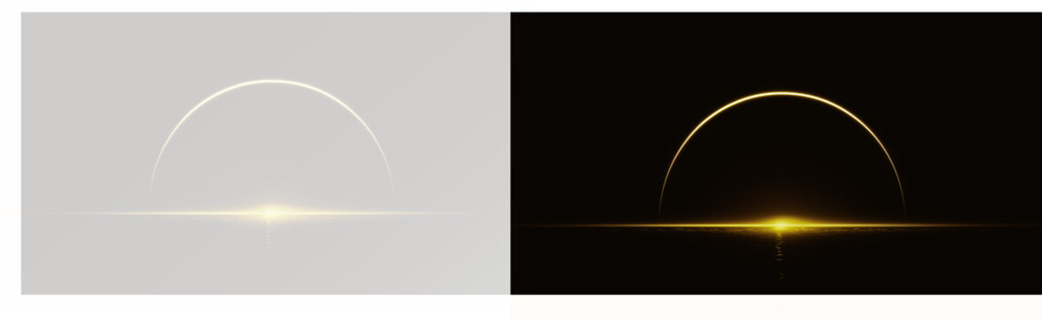 Glowing golden semicircle ring PNG. Elegant light effect for luxurious designs. Golden movement. Abstract golden line on a transparent and black background