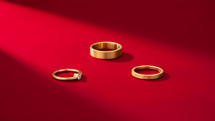 Premium Jewelry Collection: Gold Rings on Red Velvet.