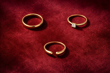 Premium Jewelry Collection: Gold Rings on Red Velvet.