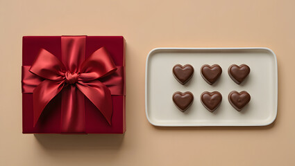 Valentine's Day: Stylish Flat Lay with Pralines and a Golden Bow.