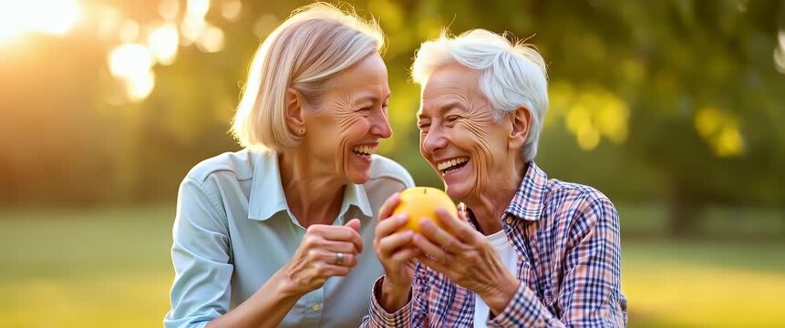 Elderly women share a joyful moment in a sunlit park, laughing and holding fruit; the camera gently pans, capturing their happiness in a cinematic, serene setting with swaying leaves.