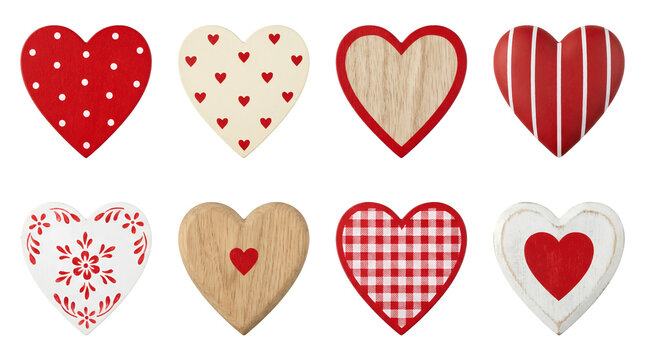 Decorative wooden heart set including polka dot, striped, checkered, floral, and natural wood designs isolated. Valentine's Day decoration and romantic craft collection.