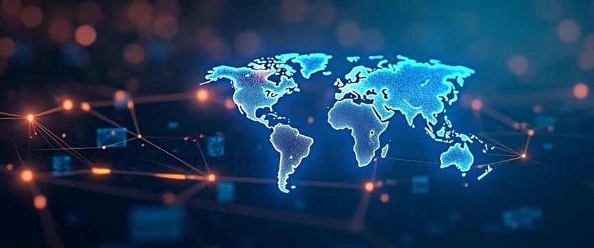 Glowing digital world map with network lines gently pulsates, while the camera smoothly pans across a futuristic background; cinematic and immersive technology visualization.
