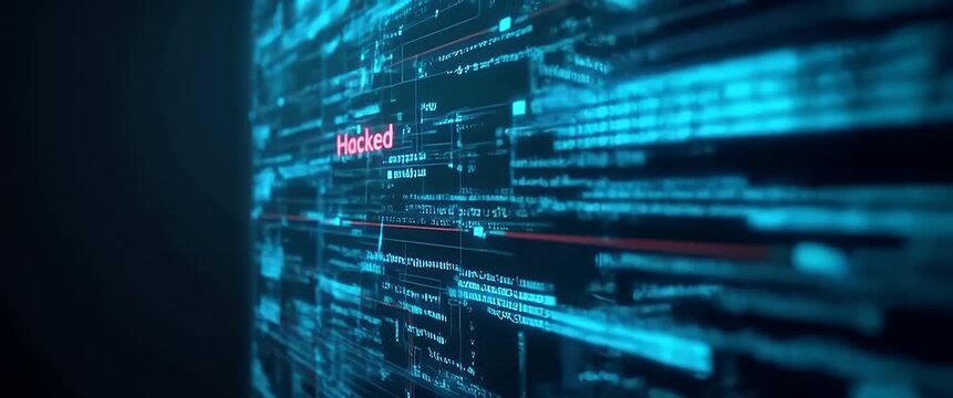 Digital code streams flow dynamically across a dark screen as the camera slowly pans, revealing the word Hacked in a cinematic, cyber-themed ambiance.