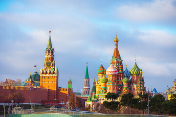 Fototapeta premium Spasskaya Tower and St. Basil's Cathedral. The main symbols of Moscow.