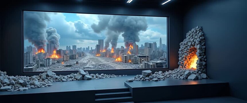 In a cinematic scene, the camera slowly pans across a shattered stage with rubble, revealing a city skyline engulfed in flames and smoke, creating an intense atmosphere of urban destruction.