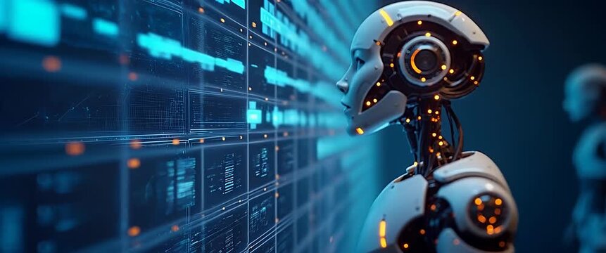Futuristic robotic profile in focus, data panels flicker gently; camera pans slowly to reveal advanced AI technology in a sleek, cinematic style, emphasizing innovation and intelligence.