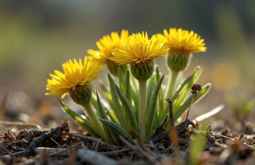 Yellow coltsfoot flowers bloom in spring sunlight. Medicinal herb Tussilago farfara grows on ground. Tiny yellow petals open on green stems. Nature detail scene.