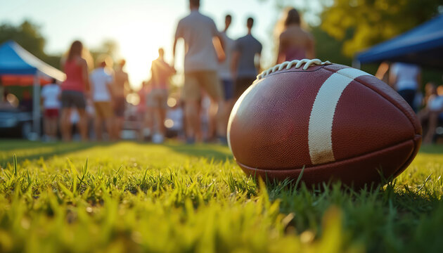 American football rests on grass near blurred people at daytime tailgate party. Fans gather under tents before a game. Enjoying food and drinks outdoors.