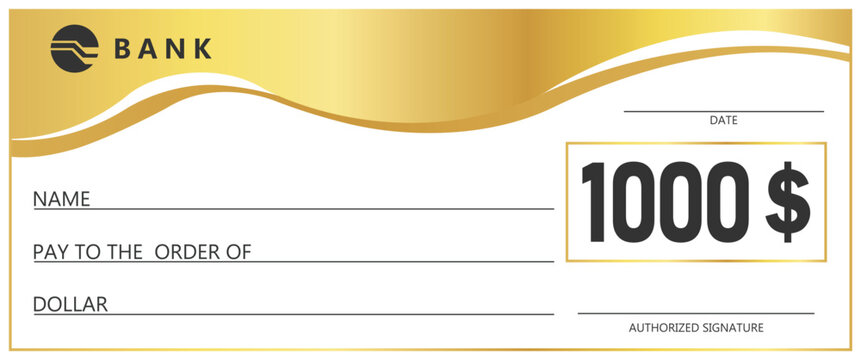 Golden check template. Blank banking check for payment, donation, or prize. Elegant gold wave design on white background. Financial business concept for gift or reward.