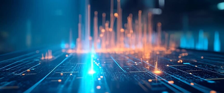 Futuristic data visualization with abstract graphs pulsating gently, captured in a cinematic slow pan, highlighting digital innovation, technology trends, and big data analytics.
