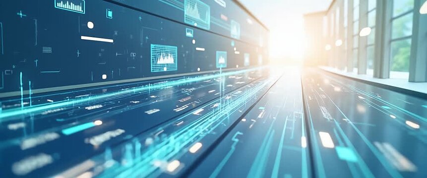 Futuristic data stream flows dynamically across digital interface as camera executes a steady tracking shot through a bright, cinematic technology corridor with ambient light flicker.