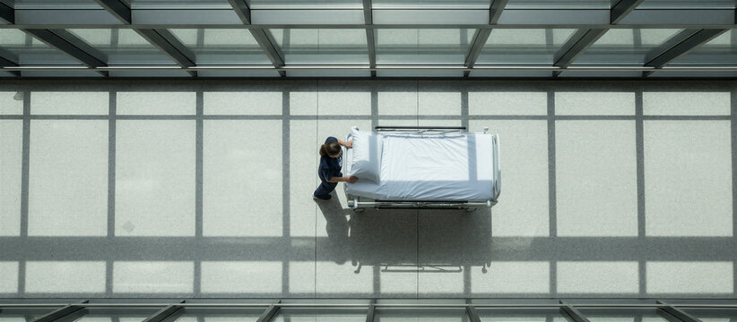 Nurse pushing empty hospital bed through modern medical facility hallway seen from high angle view