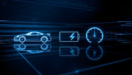 Electric vehicle technology icons with car battery and speedometer