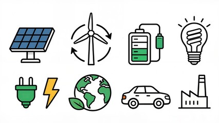 Icons representing renewable energy and sustainability