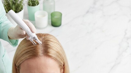 Fototapeta premium Cosmetologist performing mesotherapy treatment on woman scalp using electronic microneedling device in modern clinic