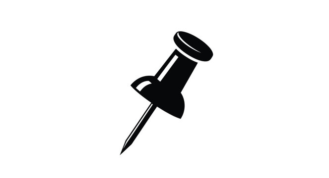 A simple black silhouette illustration of a push pin