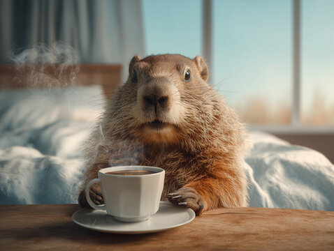 A groundhog sits at a table with a cup of coffee. It's a clear February day outside, with a bed in the background. Groundhog Day holiday concept.