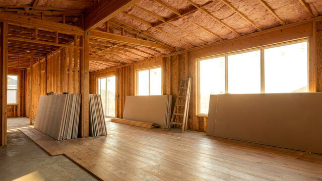 Modern Interior of a New Home Under Construction with Exposed Wood and Natural Light