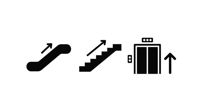 Simple black and white icons depicting escalators stairs and an elevator