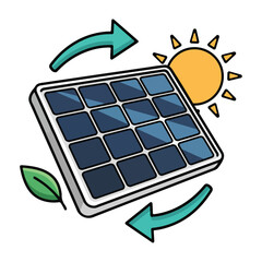 Clean Energy Concept Solar Panel Yellow Sun With Green Leaves.