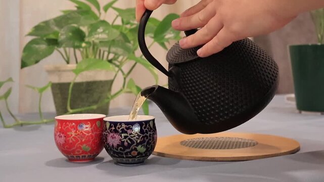 Chinese tea with two teacups. Traditional tea serving and tea preparation concept. Hot tea poured into ceramic cups, close-up view of tableware and beverage. Asian culture, tea ceremony, calm atmosphe