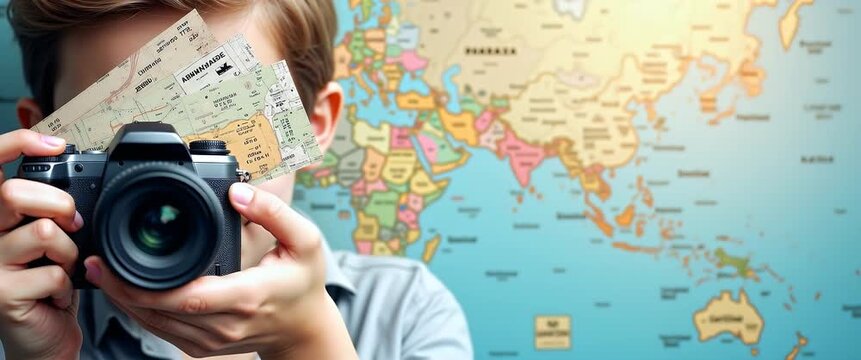 Young traveler holding a camera in front of a colorful world map, slowly panning to reveal a sense of adventure and exploration, with gentle ambient light flickering, cinematic style.