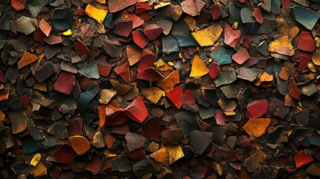 A pile of shattered pottery fragments with muted earthy colors forms a textured abstract pattern
