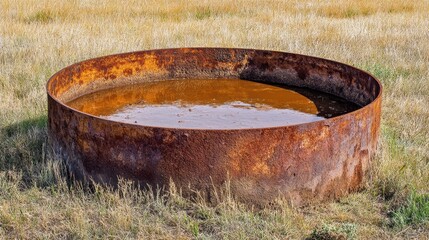 Fototapeta premium A rusty metal trough holding a small pool of water stands in a dry grassy field