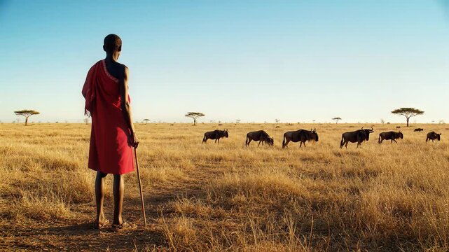 Lone Maasai tribesman watches wildebeest on African savanna at sunrise