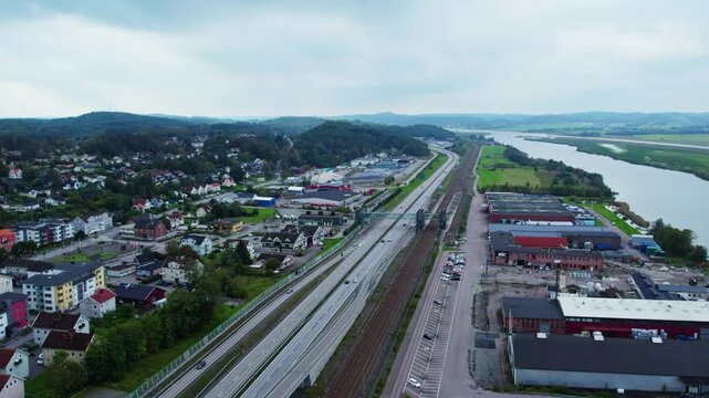 Aerial view of E45 in &Auml;lv&auml;ngen, near Gothenburg, beside serene river scenery