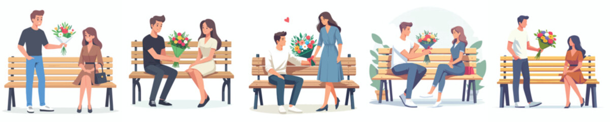 vector of man and woman sitting on a park bench giving a flower