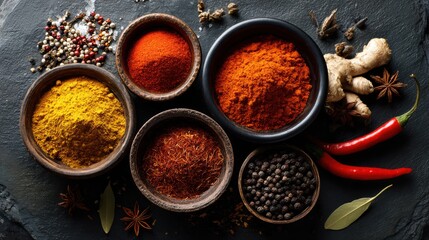 Fototapeta premium An artistic arrangement of spices in bowls, showcasing vibrant colors and textures on a dark surface.