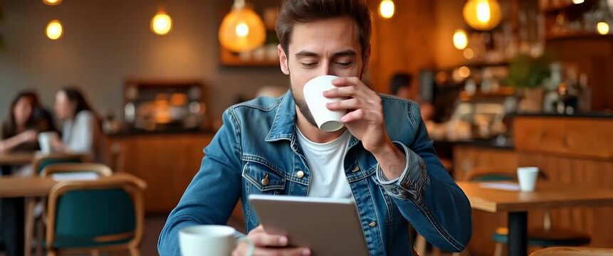 Smiling man in a denim jacket reads on a tablet while sipping coffee in a cozy caf?; camera slowly pans, capturing the ambient chatter and warm lighting in this cinematic scene.