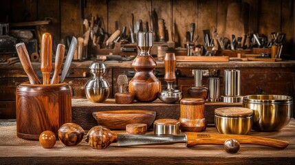 A meticulously crafted collection of artisan woodworking tools and equipment displayed in a rustic workshop