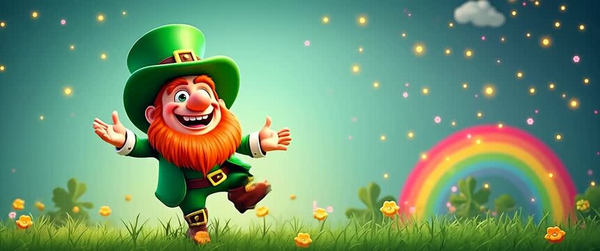 Cheerful leprechaun dances joyfully in a vibrant, magical meadow; camera slowly pans, capturing whimsical rainbows and twinkling lights in a lively, animated style.