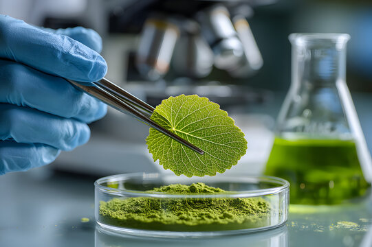 a hand in lab gloves holding Gotu Kola(Centella) leaf. Laboratory testing of powdered extract in petri dish, glass beaker. microscope herbal microscoperesearch, natural ingredient study concept.