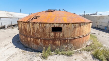 Naklejka premium A large cylindrical industrial storage tank with extensive rust and corrosion is shown outdoors under a clear blue sky with sparse vegetation surrounding it