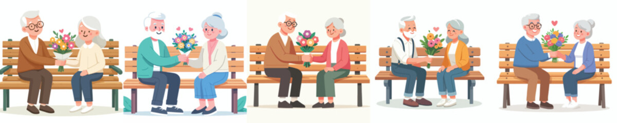 Obraz premium vector of grandpa and grandma sitting on a park bench giving a flower