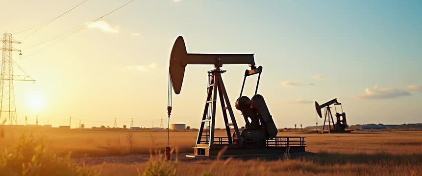 Oil pumpjacks rhythmically operate in a serene sunset landscape, with a slow camera pan capturing the industrial scene's warm, cinematic ambiance, as distant power lines gently sway.