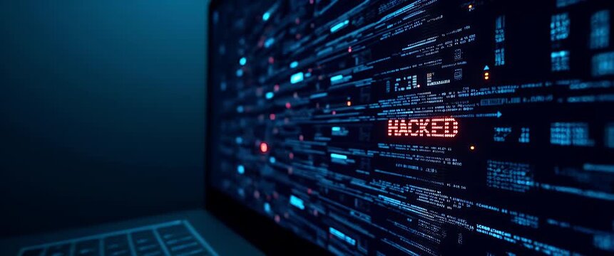 Close-up of a computer screen with red HACKED text, gentle ambient light flicker, and slow camera pan, in a cinematic cybersecurity theme, highlighting digital vulnerability.