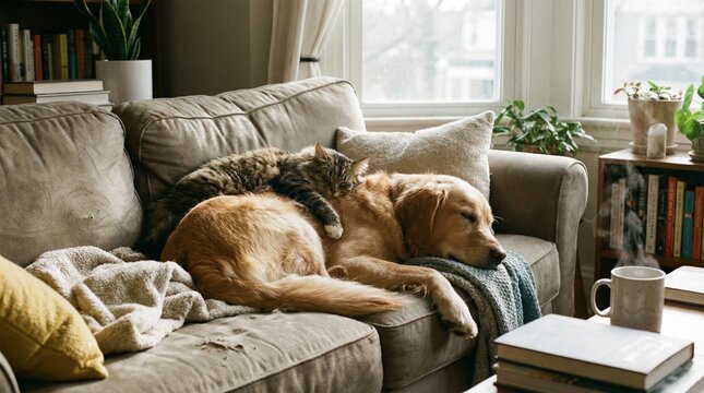 Dog and Cat Sleeping Together(仲良く寝ている犬と猫)