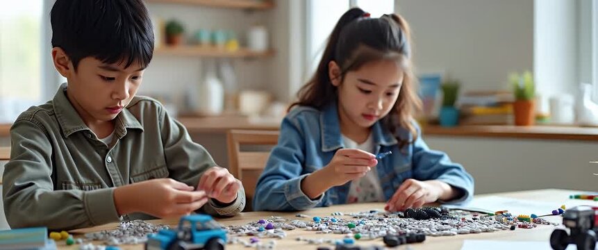 Children engrossed in creative learning with a robot, camera gently pans across a cozy study room, ambient light flickers softly, cinematic style emphasizes educational innovation.