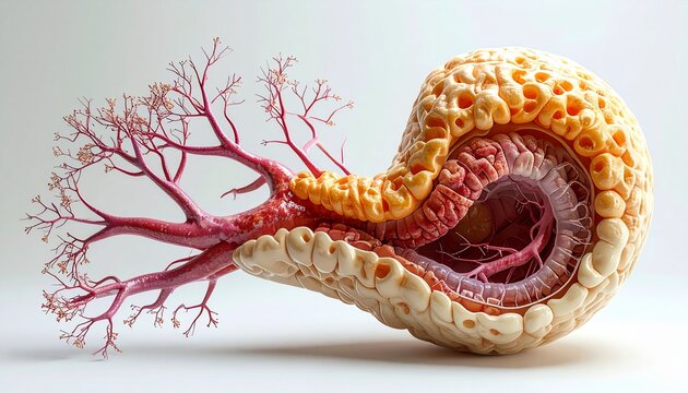 Detailed anatomical illustration of the pancreas showing its internal structure and blood supply