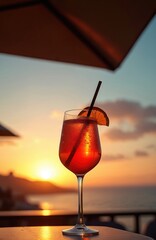 Naklejka premium Red cocktail with orange slice and straw sits on table by sea at sunset. Sun sets over water, sky turns orange and blue. Drink cools, evening ambiance.