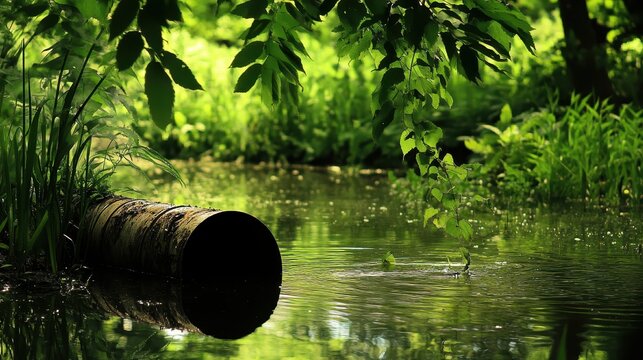 A corroded metal pipe half submerged in murky stagnant water with leaves reflecting on the surface