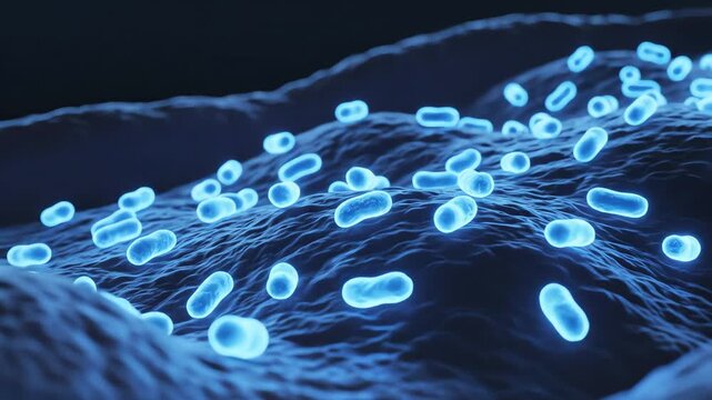 During the day, fast-moving carbohydrate-metabolizing bacteria emit energetic golden pulses. At night, slower fiber-fermenting species glow in calm blue waves